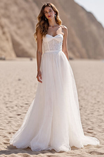 A Line Strapless Ivory Corset Tulle Long Wedding Dress